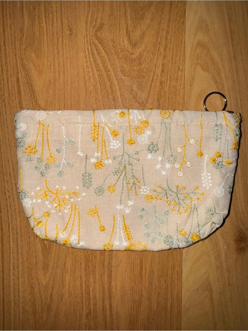 FloralβEmbroidered Beige Cotton Zip Pouch - Yellow White and Green